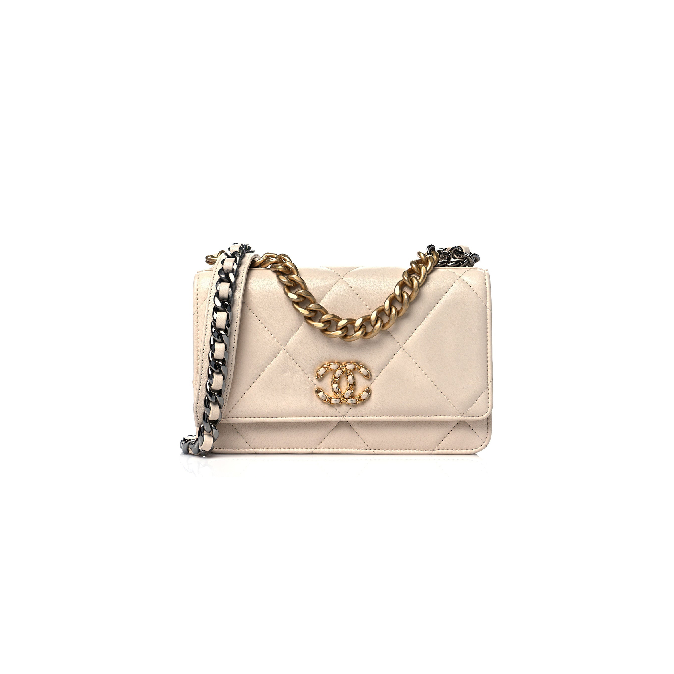 CHANEL GOATSKIN QUILTED 19 WALLET ON CHAIN WOC LIGHT BEIGE (19*12*4cm) 